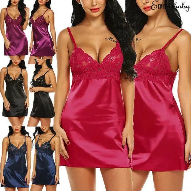 Women's Night Short Dress Nightgown Satin Silk Lace Lingerie Pajamas Sleepwear Women Dress 2021 Summer Sexy Underwear XL 3