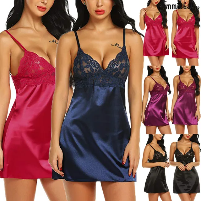 Women's Night Short Dress Nightgown Satin Silk Lace Lingerie Pajamas Sleepwear Women Dress 2021 Summer Sexy Underwear XL 1