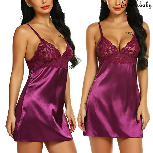 Women's Night Short Dress Nightgown Satin Silk Lace Lingerie Pajamas Sleepwear Women Dress 2021 Summer Sexy Underwear XL 5