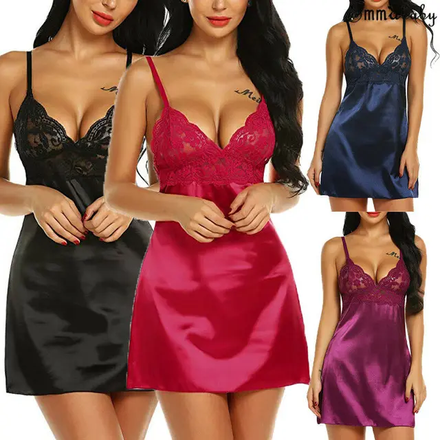 Women's Night Short Dress Nightgown Satin Silk Lace Lingerie Pajamas Sleepwear Women Dress 2021 Summer Sexy Underwear XL 2